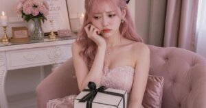 困った顔で膝にプレゼントを置くピンクのドレスを着た日本人女性