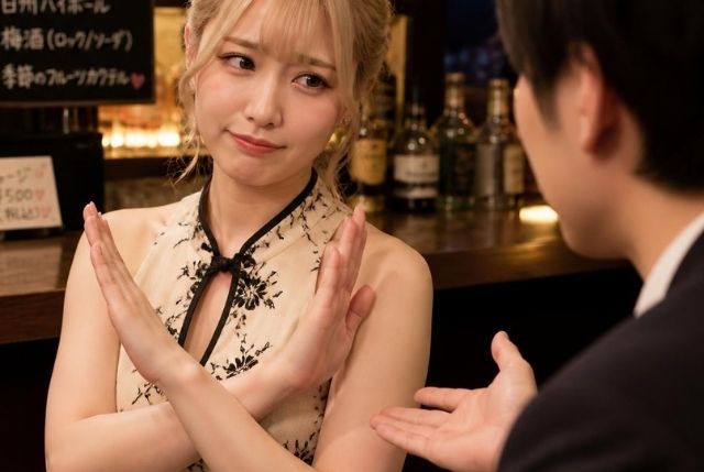 金髪でアップヘアのかわいい日本人女性がNOを示すようなポーズで男性に断りを入れている