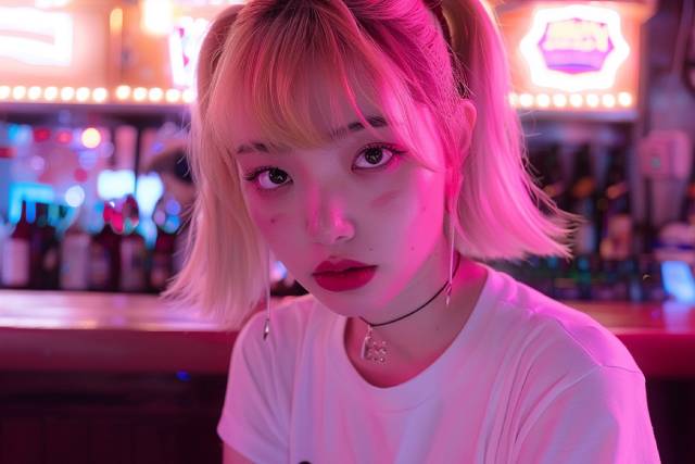 白いTシャツを着た金髪のツインテールの女性