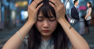 話している姿を想像して頭を抱える若い日本人女性