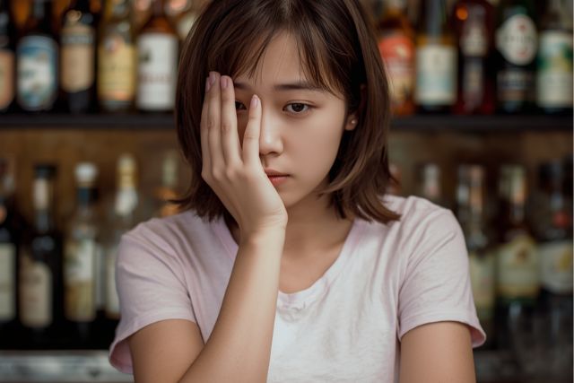 顔に手を当てて考えている様子の女性