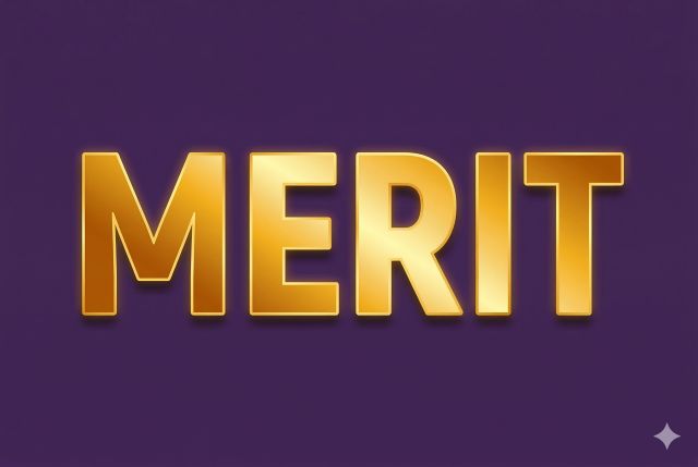 紫の背景にMERITと書かれた文字