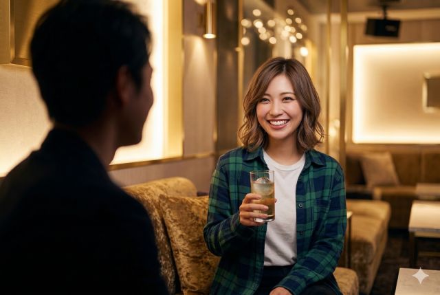 お酒を持って男性と話す女性