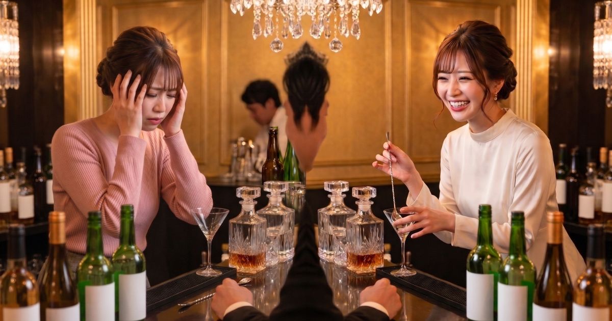 頭を抱えるピンクの服の女性と、笑顔で接客する女性