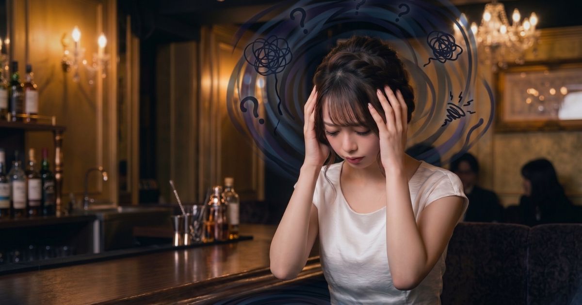 バーで頭を抱えている女性