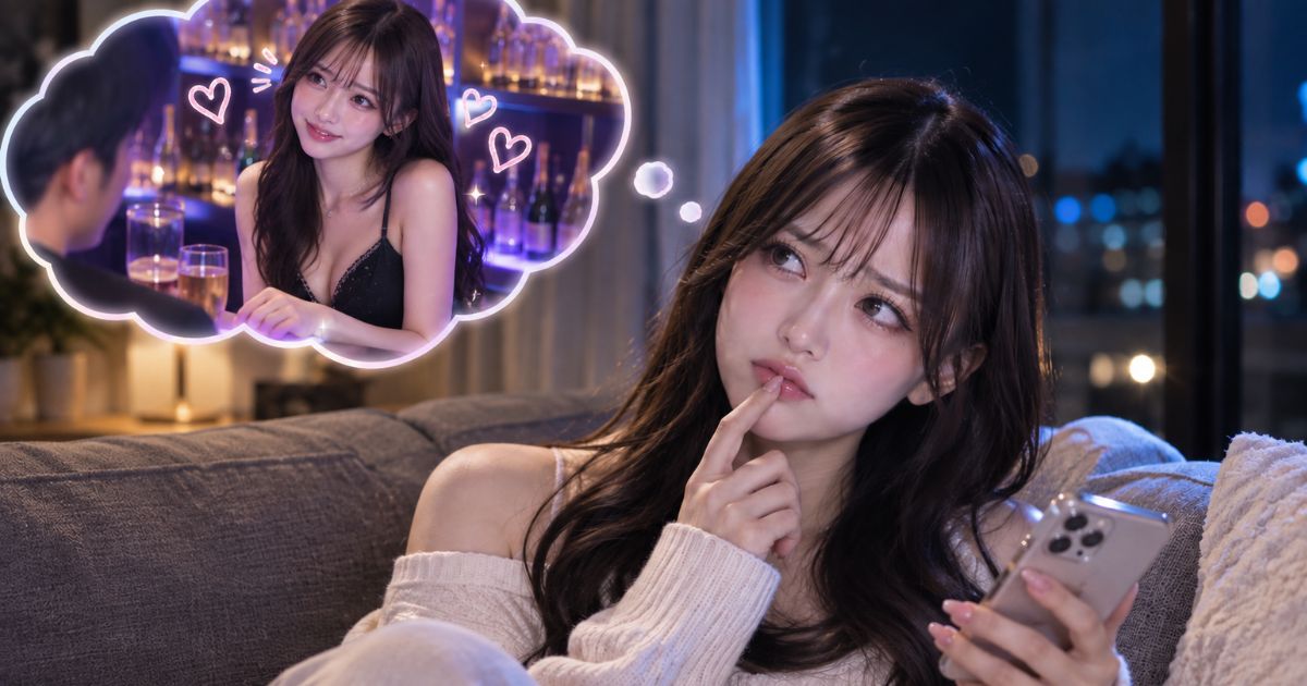 ソファでスマホを持って悩んだ表情の女性、吹き出しのなかに夜のネオンのバーで男性客と話す女性