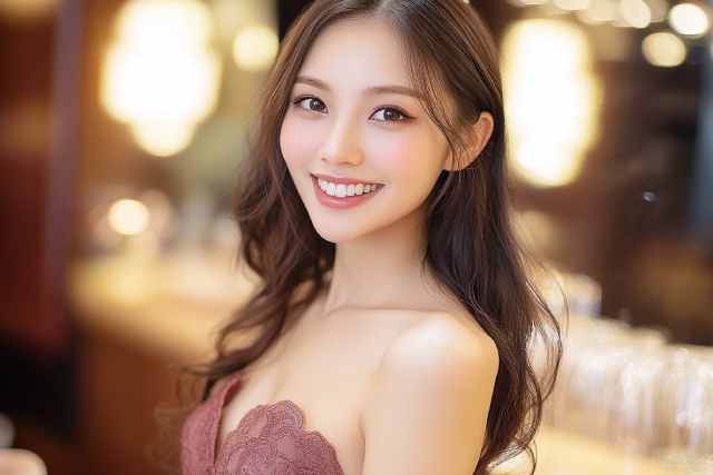 こちらをみるドレスの女性