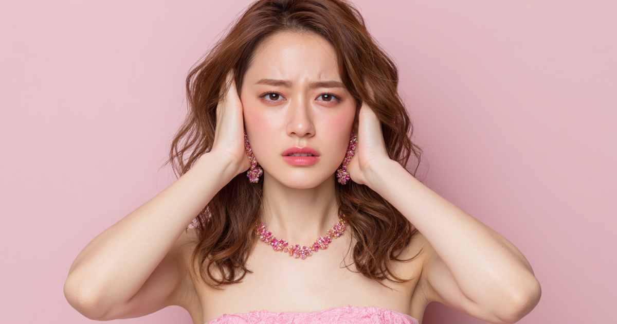 両手で耳をふさいでいる女性