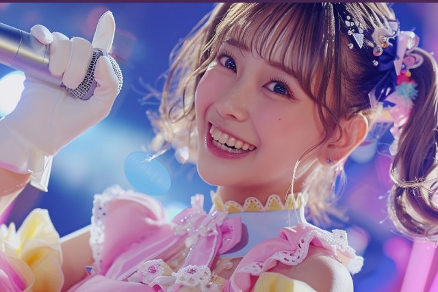 ピンクのフリルがついた衣裳で歌うツインテールのアイドル
