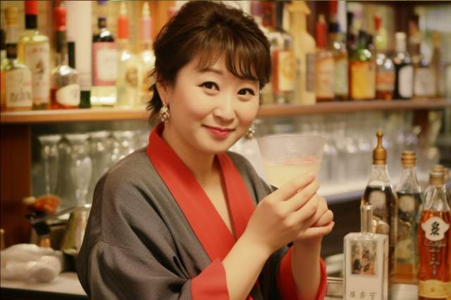 お酒を持つ和服姿のスナックのママ