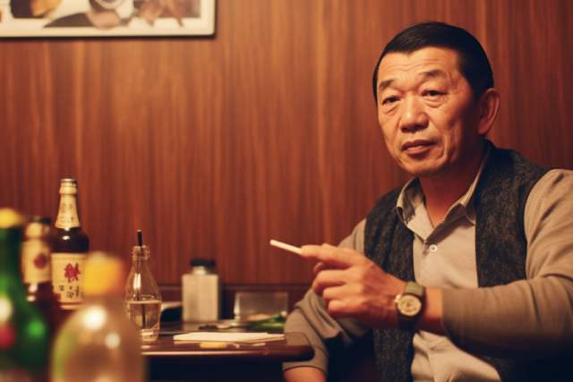スナックで一人で飲む中年男性