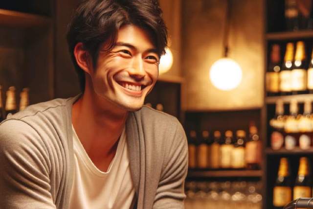 スナックで女性と楽しそうに笑う日本人の男性