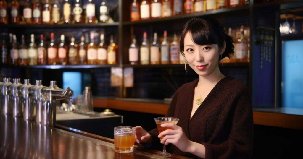 スナックのカウンター越しに立つ女性