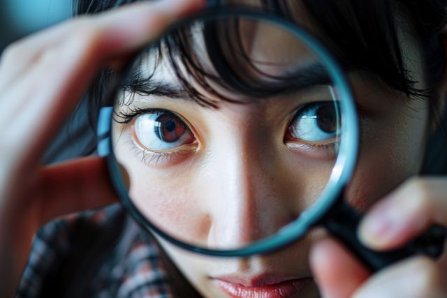 虫眼鏡で覗き込む女性