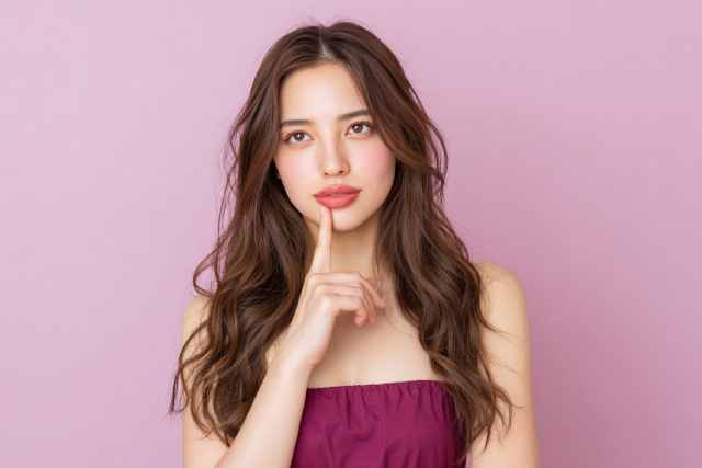 ピンクの背景の前で何かに悩んでいる紫のドレスの女性