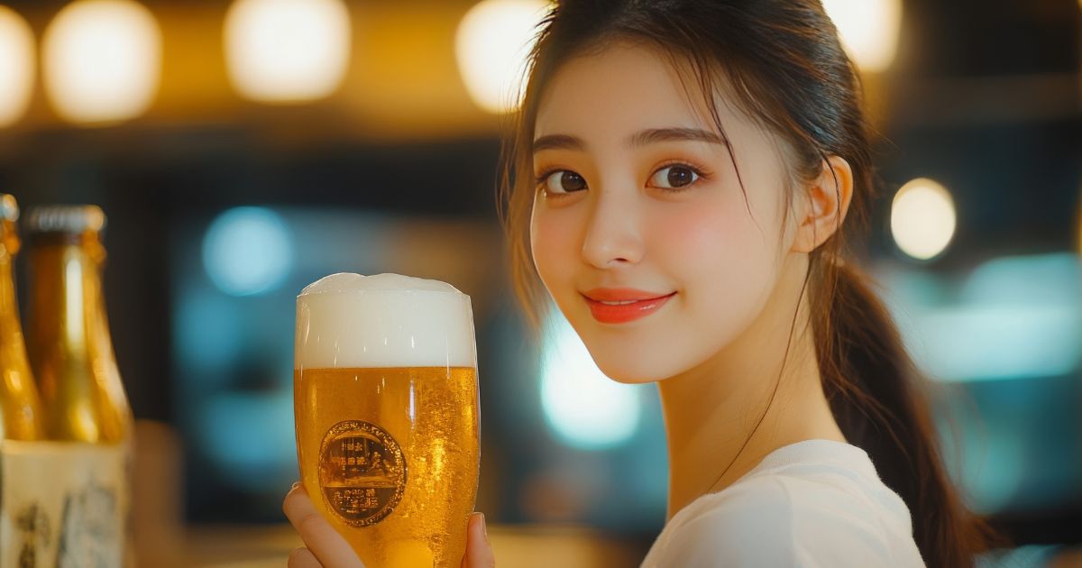 ビールをもってほほえむ若い日本人女性