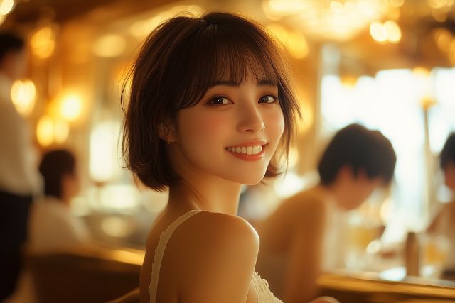 白いドレスを着たショートカットの女性