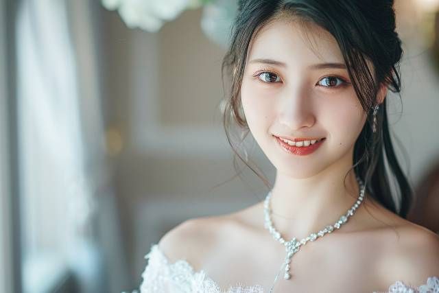 白い胸元の空いたドレスを着ている黒髪をまとめた若い女性