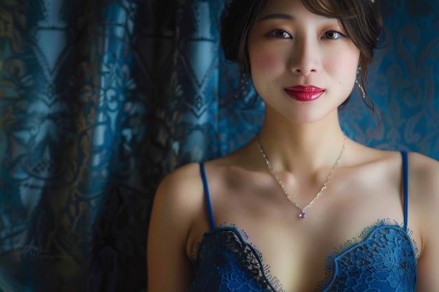 青いドレスを着た日本人の女性