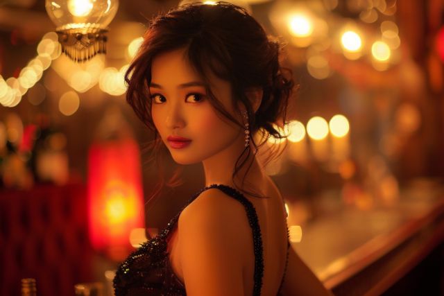 薄暗い店内でキャバクラドレスを着た女性