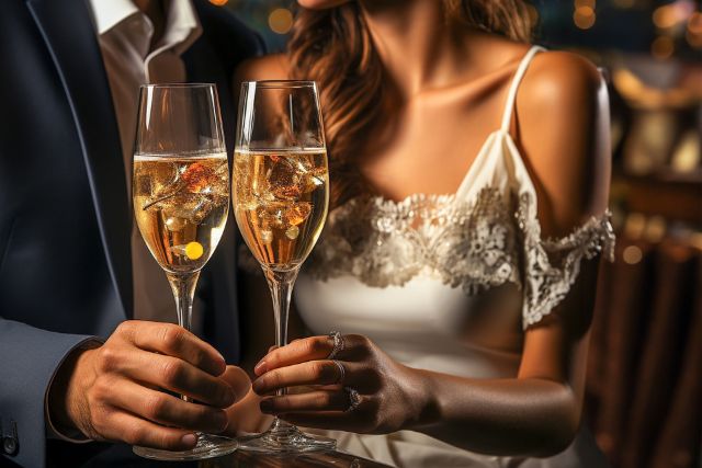 グラスを持ち乾杯する男女の様子