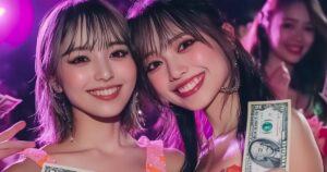 ショーイベントのステージドル紙幣を持つ2人の女性ダンサー