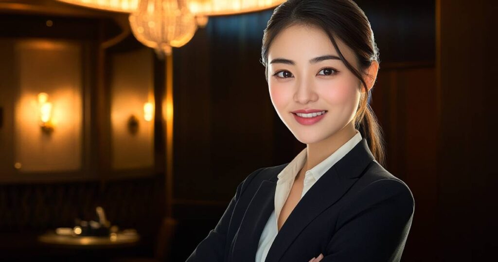 髪を後ろで束ね、ビジネスウェアに身を包んだ若く美しい日本人女性