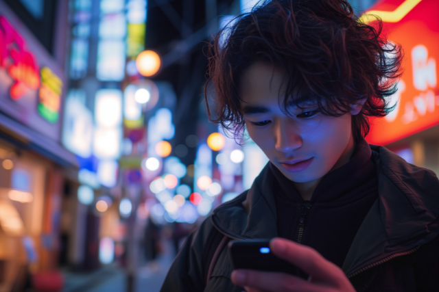 夜の街でスマホチェックしている若い男性