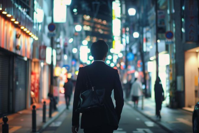 夜の街を一人で歩く仕事帰りのサラリーマン