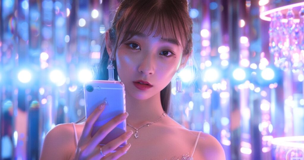 煌びやかな店内でスマホをもってこちらを見つめるキャバ嬢