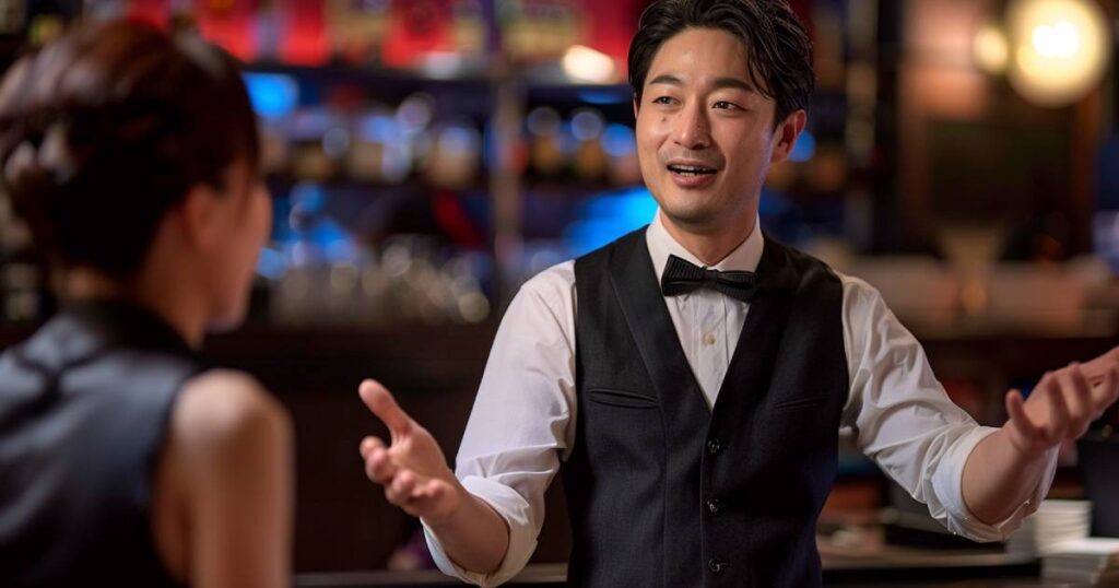 対面にいるキャバ嬢に説明をしている様子のキャバクラのボーイ