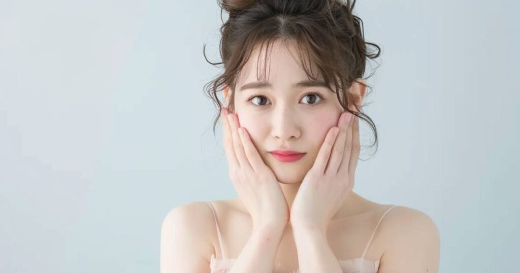 両手を頬にあてたベージュのドレスをきたアップヘアの女性