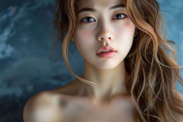 こちらを見つめるストラップレスの青いドレスを着る茶色いウェーブヘアの女性