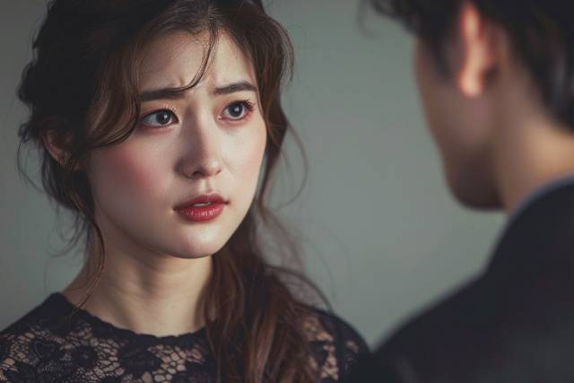 男性に相談をする黒いドレスの女性