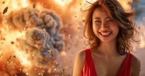 背後で爆発が起きている現場で笑う赤いドレスをきたキャバ嬢