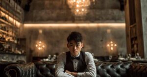 高級キャバクラのソファに座って考えている様子のキャバクラのボーイ