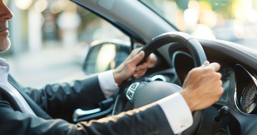 車を運転するスーツの男性