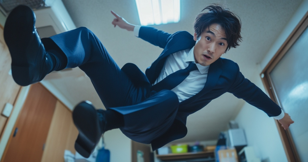 空中に飛ぶスーツの男性
