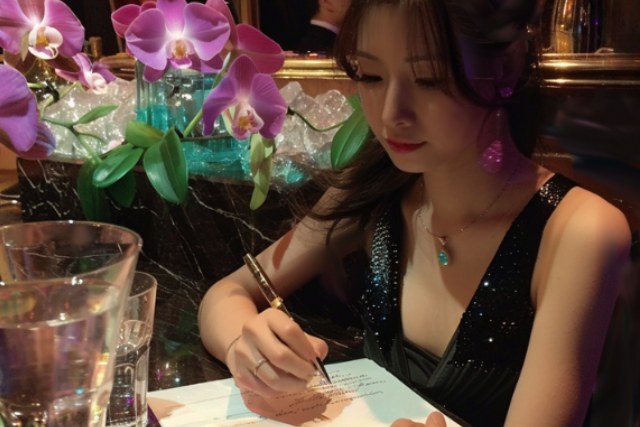 キャバクラの面接で書きものをする若い女性