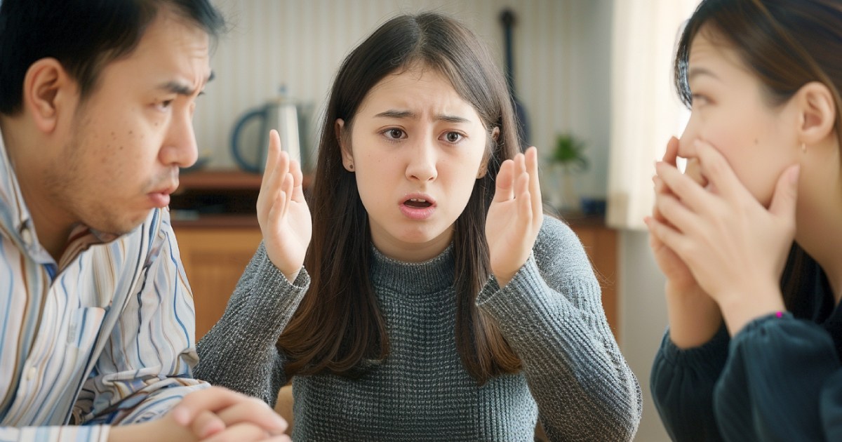 自宅のリビングで両親と話合う若い女性