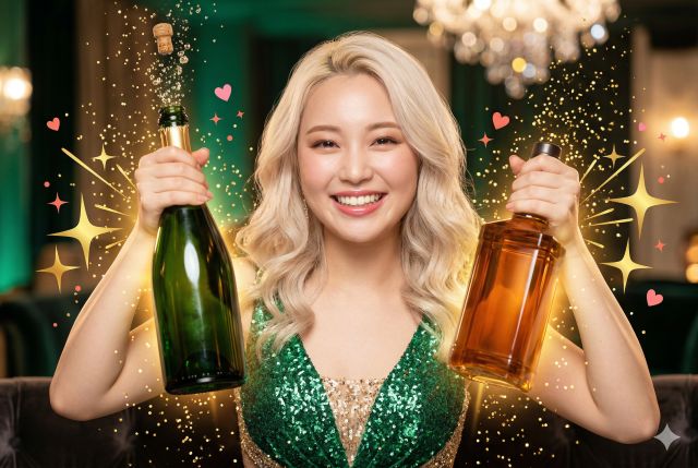シャンパンとお酒のボトルを持つ女性