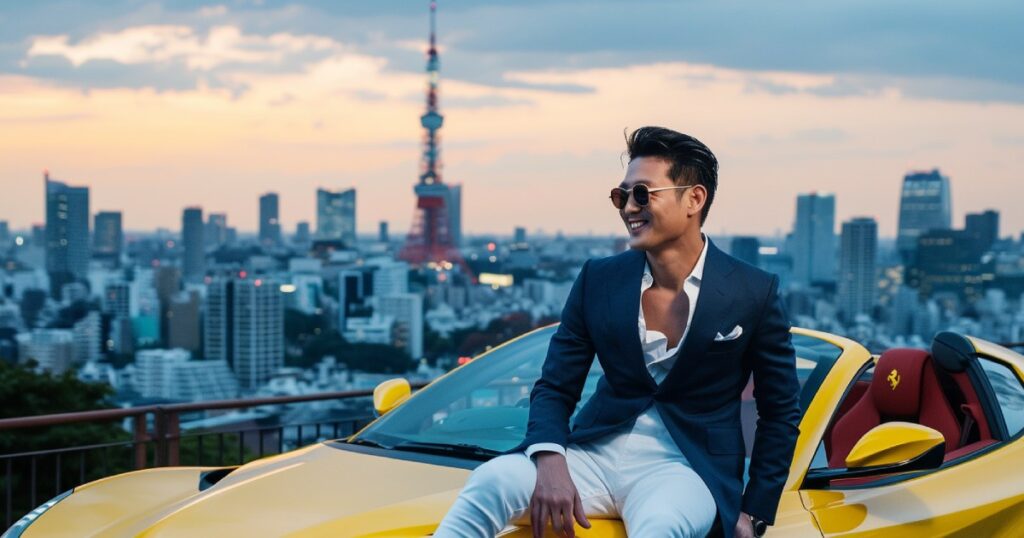 黄色い車の上に座り笑っているサングラスをかけたスーツの男性