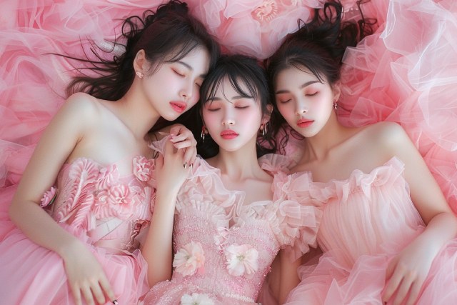 ピンク色のドレスをきた若い3人の女性が眠っている