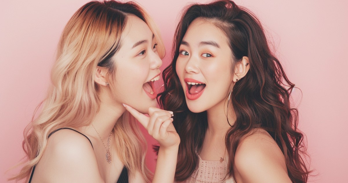 ピンクの背景で笑い合う2人の日本人の女性