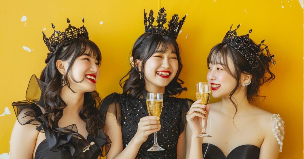 頭に王冠を載せた黒いドレスの3人の日本人の美女がシャンパングラスを持って微笑んでいる様子