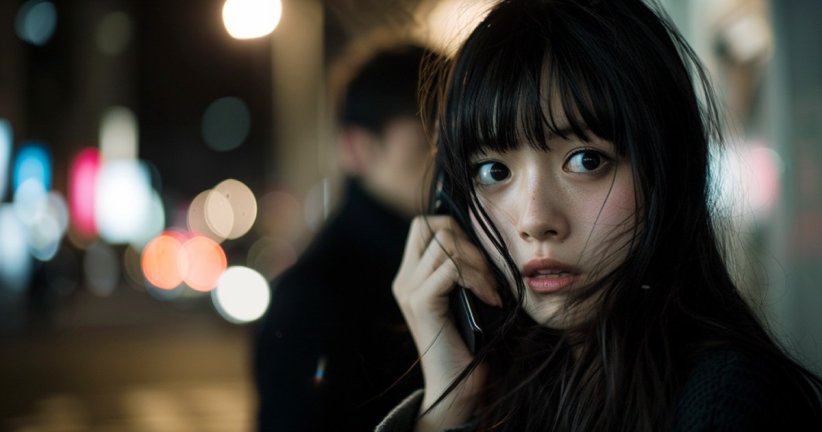 恐怖の表情で電話で話す日本人の若い女性と女性の背後にいる男性