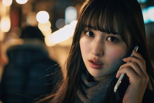 電話で話す若い日本人の女性