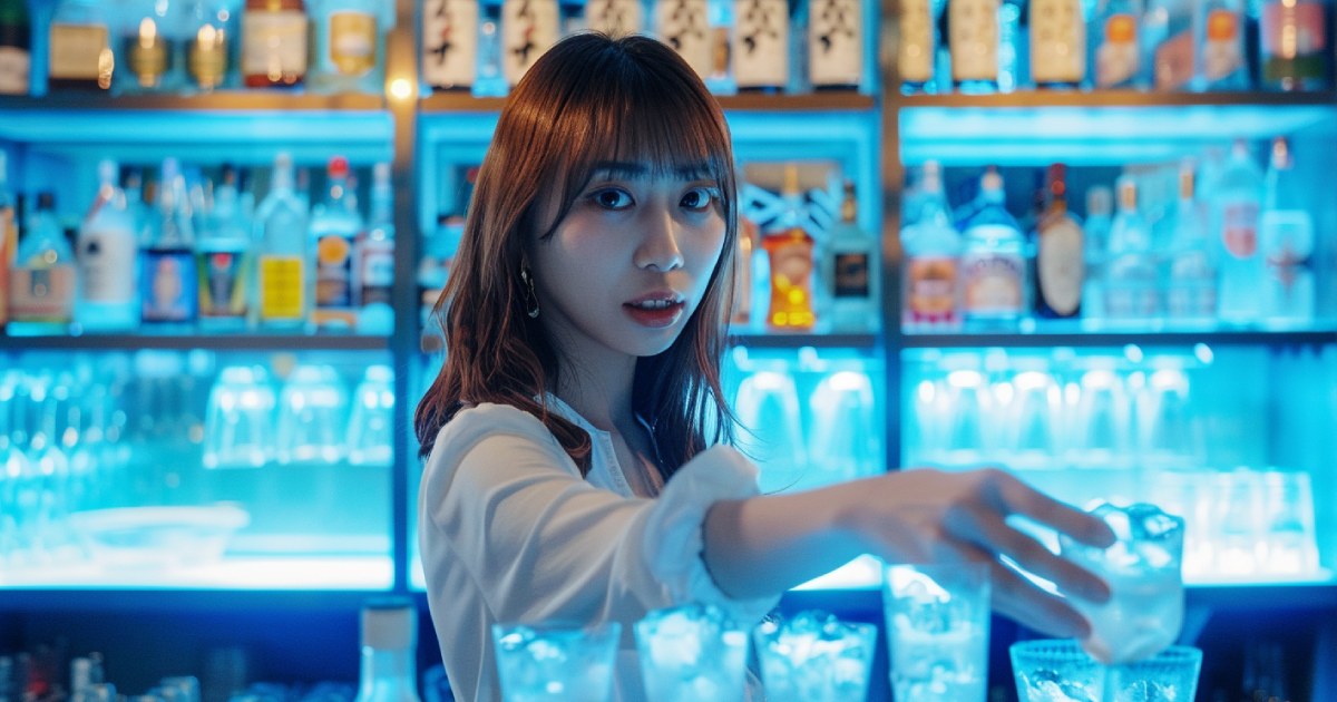 白のブラウスを着た若く美しい日本人の女性がバーの後ろに立って手を差し出してカクテルを渡している様子