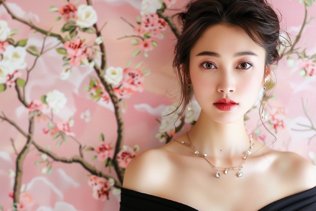 花柄の壁に正面を向いて立つ黒いドレスの日本人ホステス