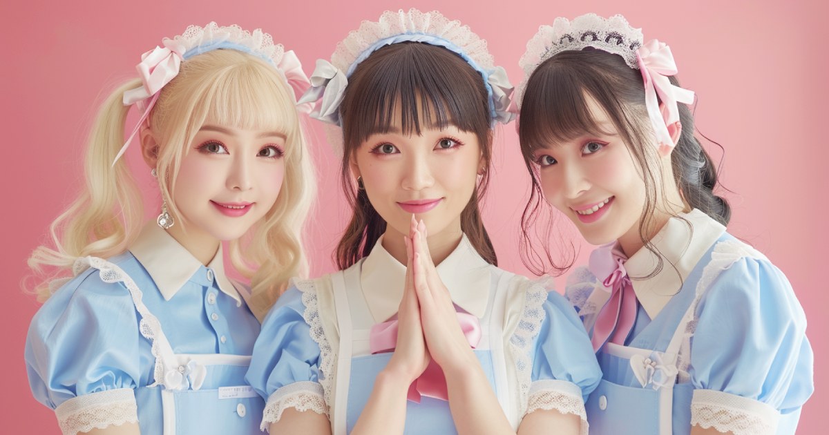 袖と襟にレースの装飾が施された青と白の制服を着た3人の日本人コンカフェ嬢の集合写真
